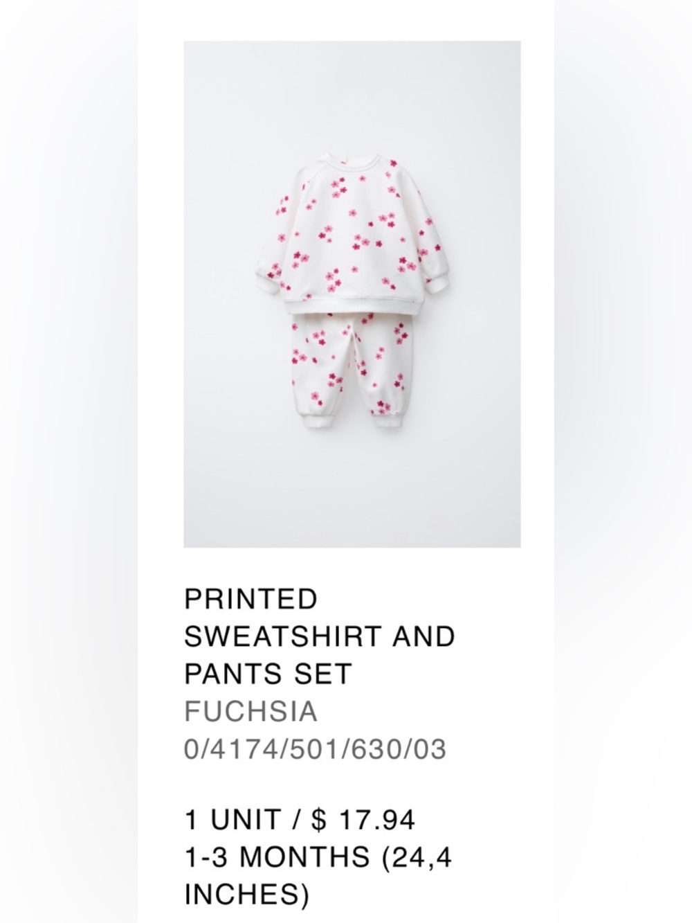 **pending** Zara White Sweatshirt and Pants Set with Fuchsia Floral Print